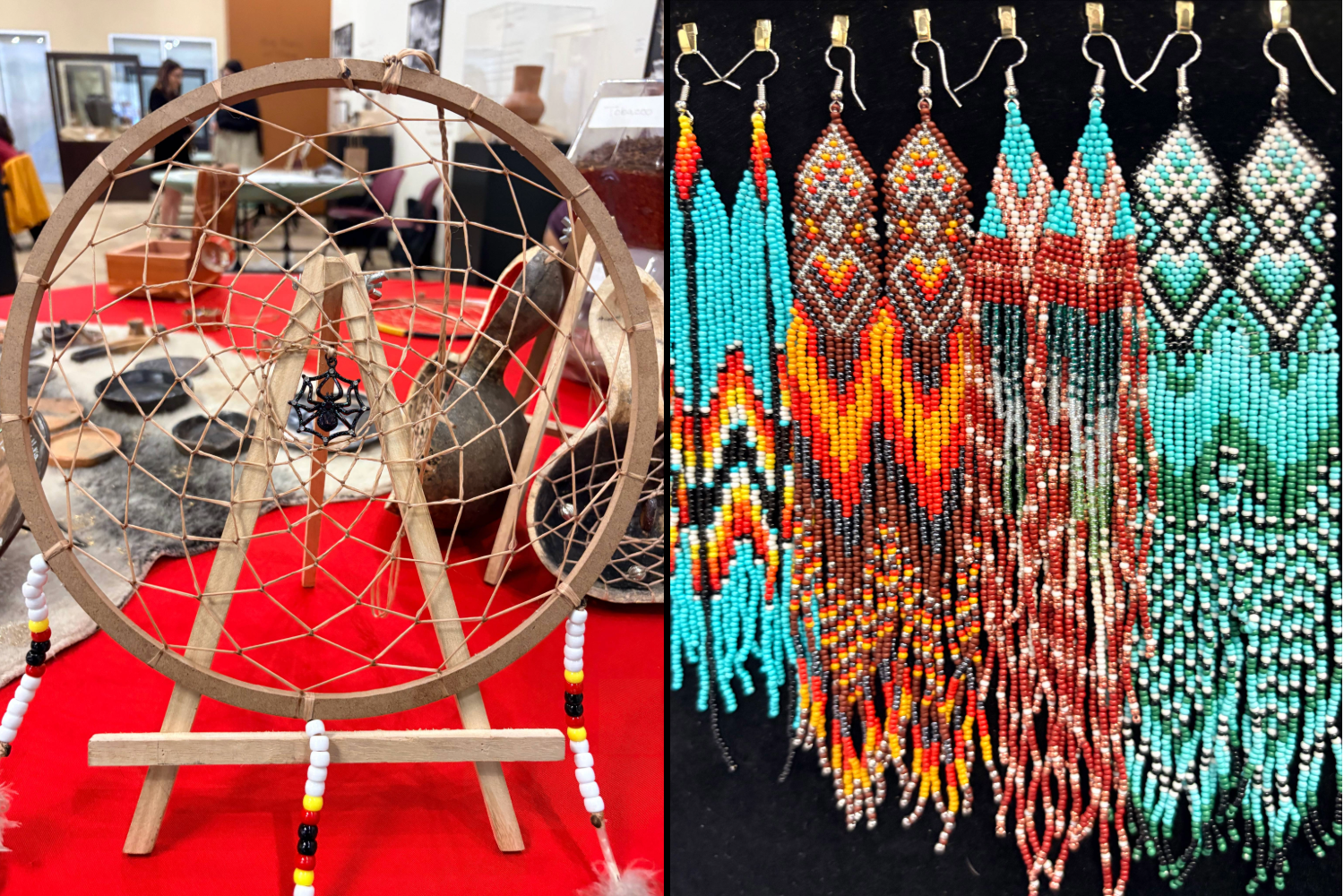 Collage of wooden dream catcher on an easel and multicolor beaded earrings on a black background.