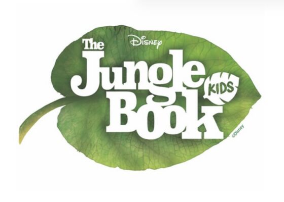 Logo for Disney The Jungle Book Kids. White lettering on a large green leaf.