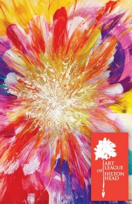 Painting of a flower, with petals extending outward in bright yellow, pink, red, and purple.