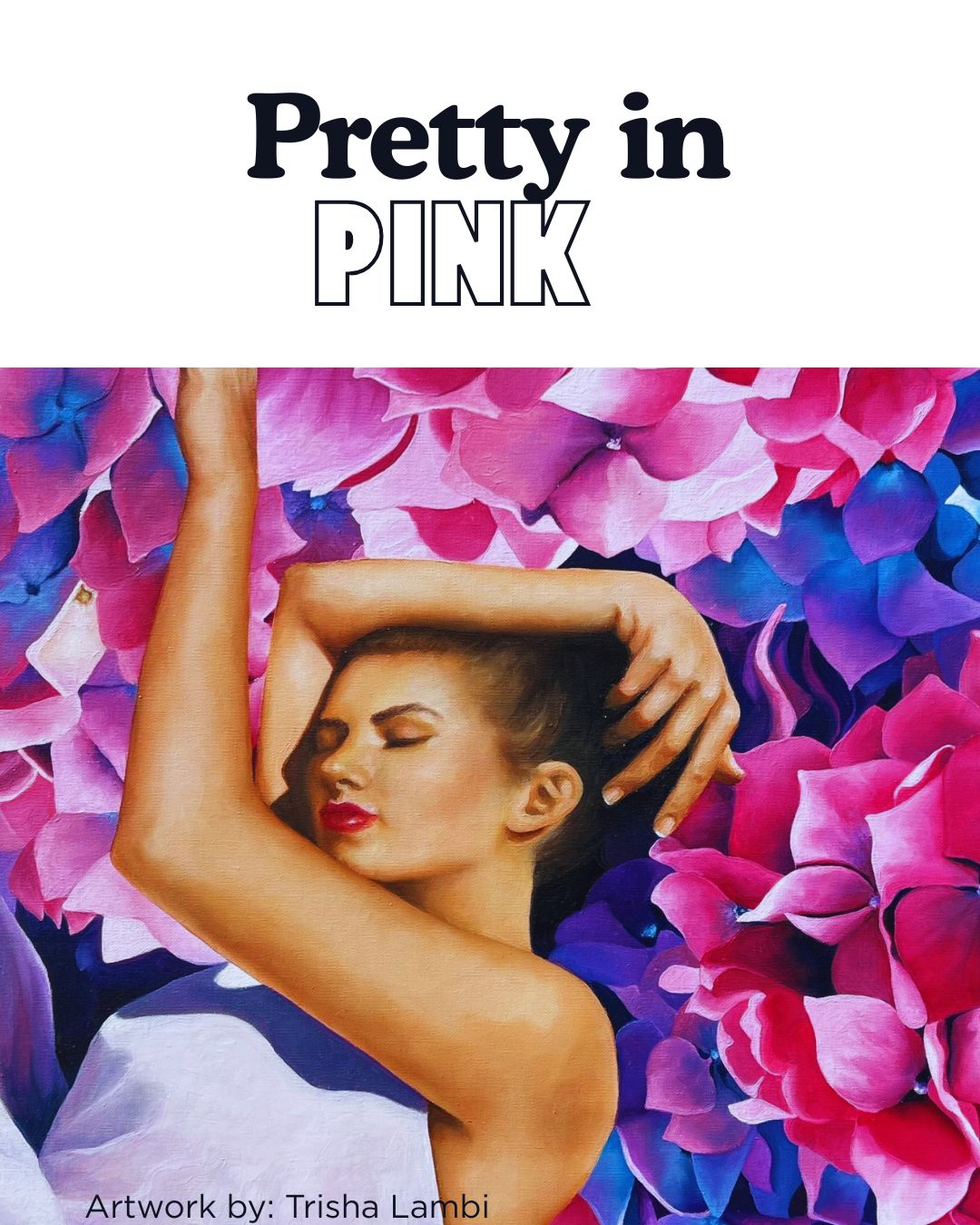 Artwork by Trisha Lambi shows a woman sleeping amid large pink and purple flowers.
