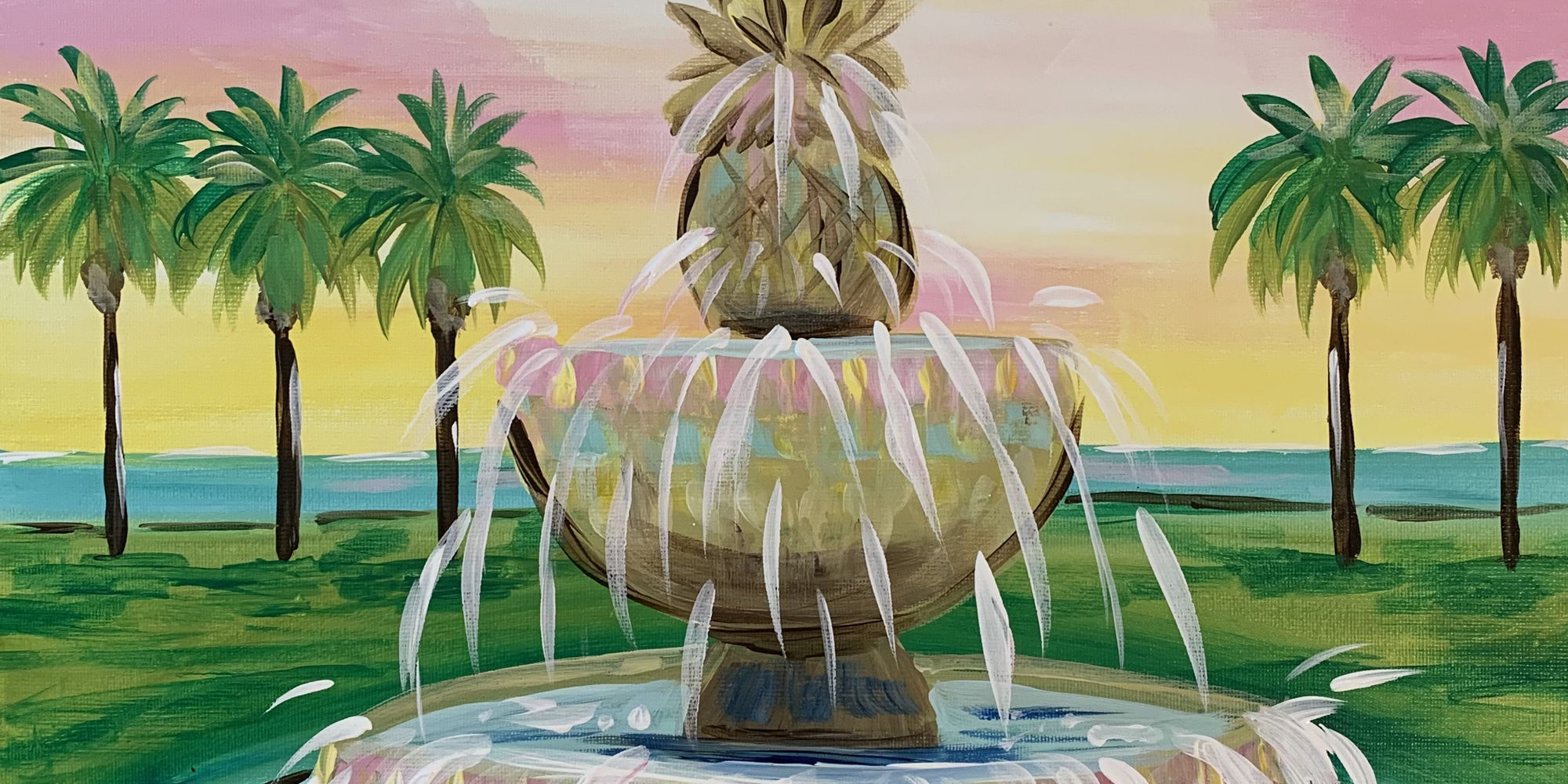 Painting of a large fountain topped by a pineapple, by the sea, surrounded by palm trees.