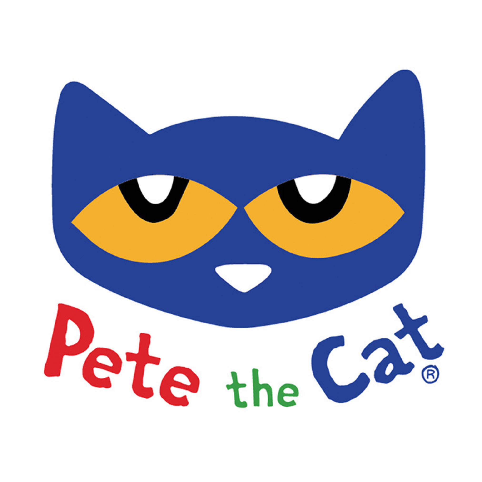 Blue cat face with large yellow eyes and white nose. Text reads, "Pete the Cat."