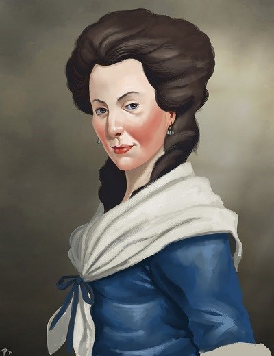 Painting of a colonial-era woman with brown hair wearing a blue dress with white shawl and cuffs.