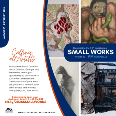 4 artworks advertise a call to artists for Florence Arts Alliance's SMALL WORKS installation.