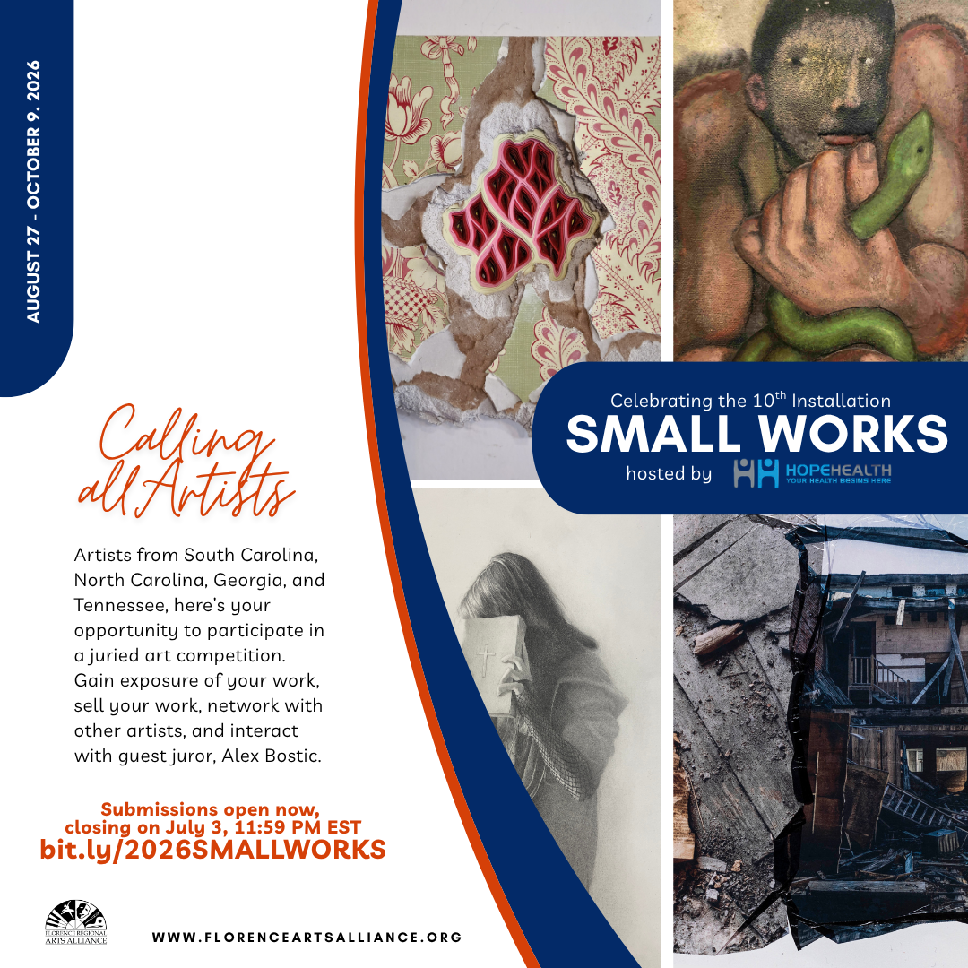 4 artworks advertise a call to artists for Florence Arts Alliance's SMALL WORKS installation.