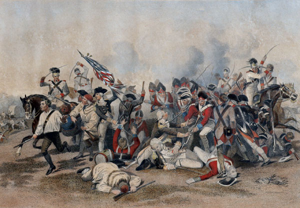Painting of an American Revolutionary War battle. Many men are wounded.