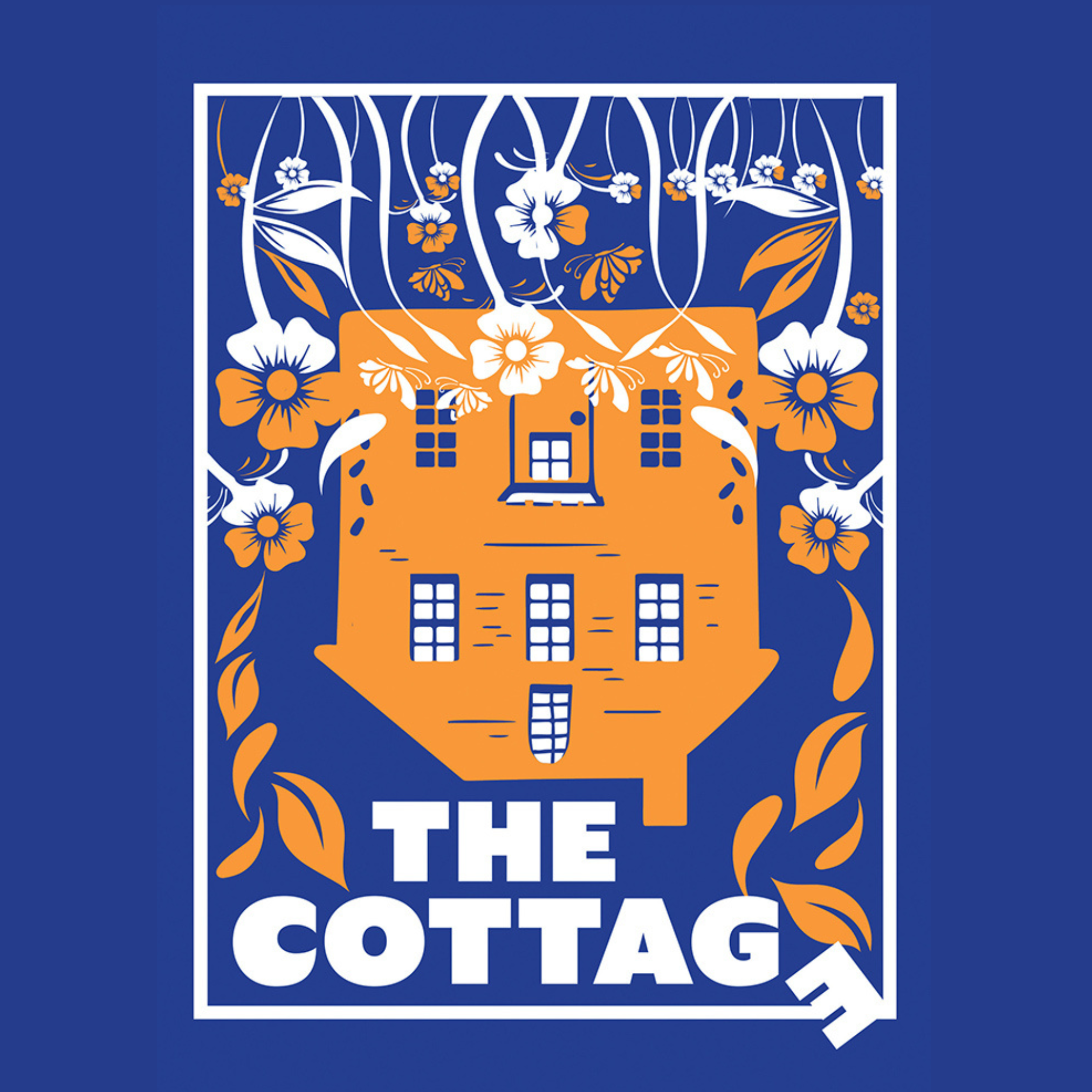 Upside down scene of a house in a flower field. Text reads "The Cottage." The last "E" hangs askew.