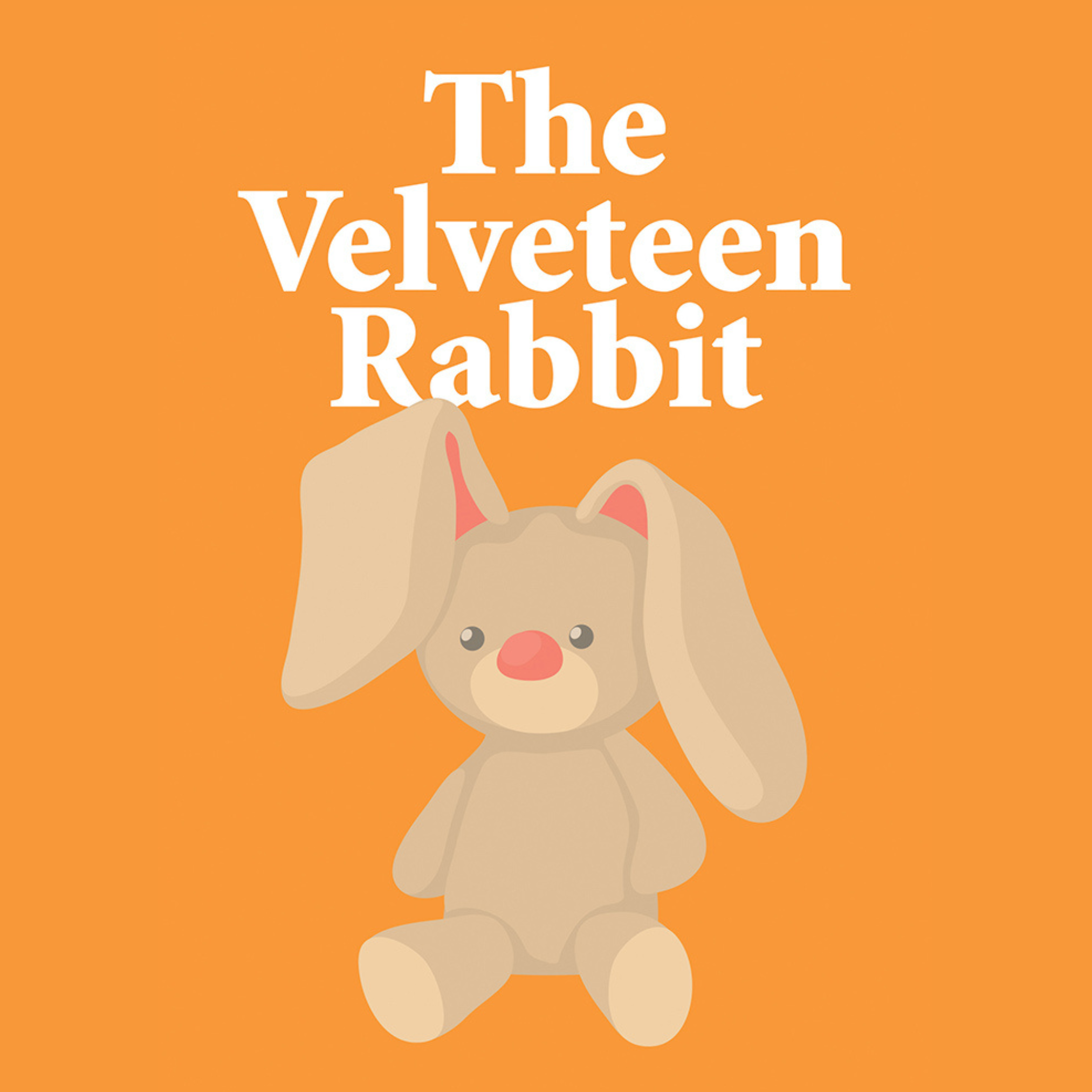 THE VELVETEEN RABBIT. Illustration of a beige stuffed toy rabbit on an orange background.
