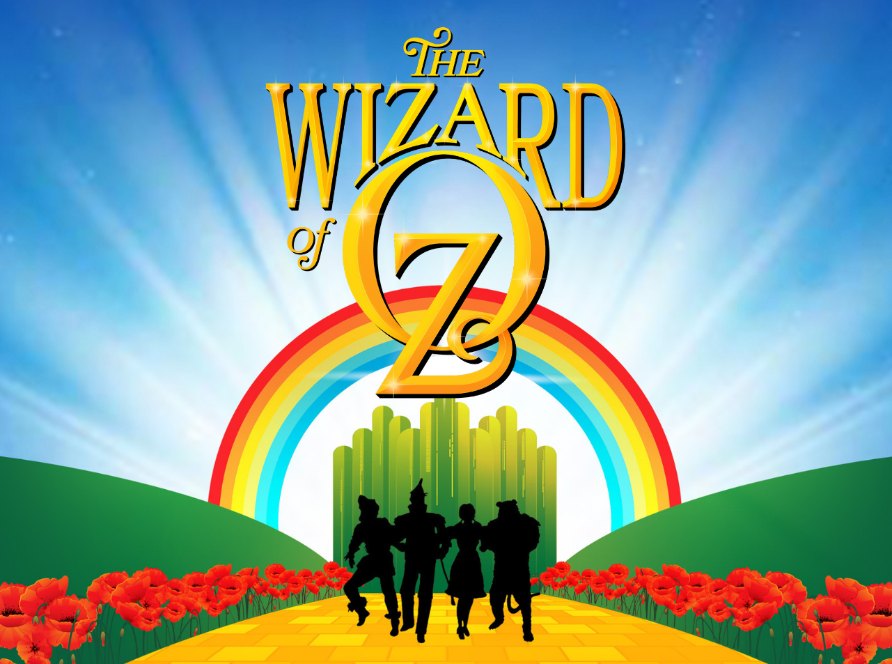 The Wizard of Oz. 4 figures the yellow brick road toward the Emerald City, under a rainbow.