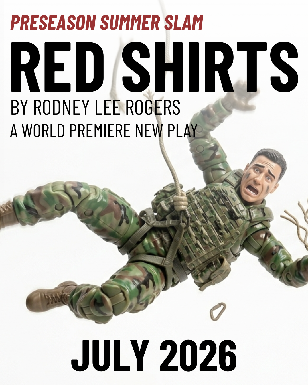 A military action figure panics as his parachute rope breaks.