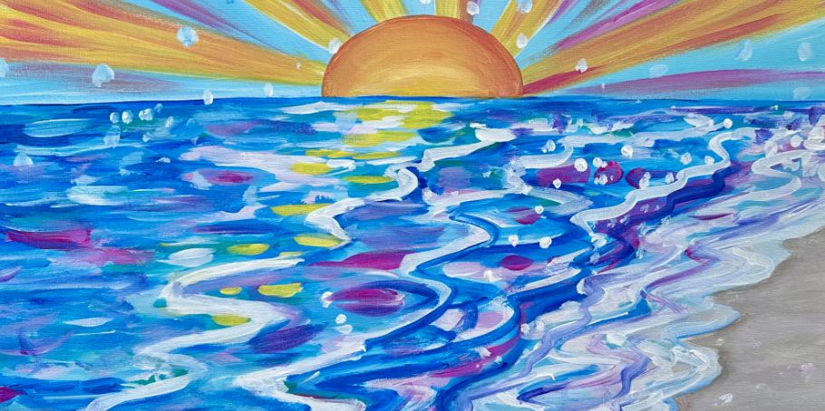 Painting of an ocean shore with very blue water and a bright orange sun with multicolored rays.