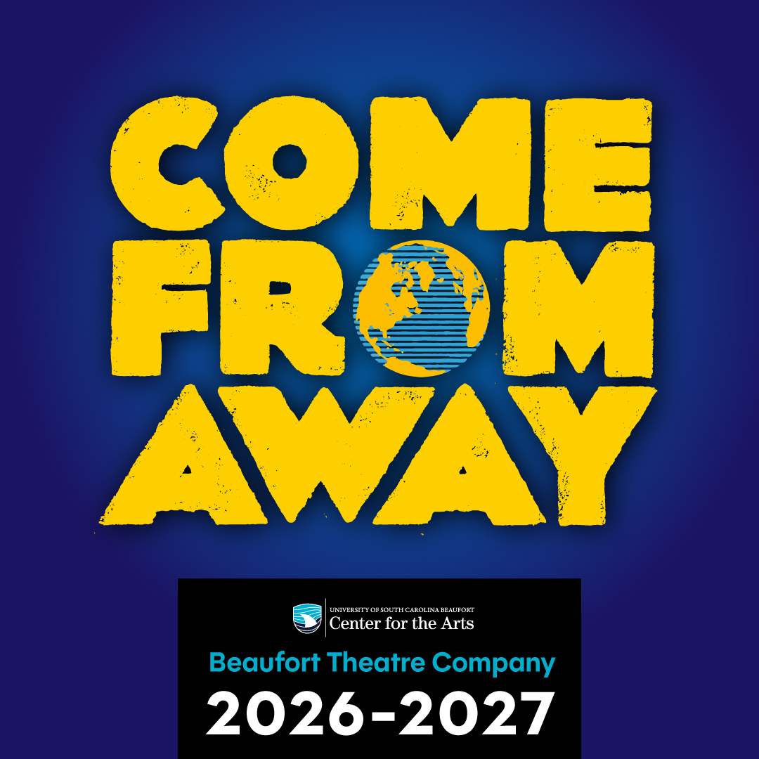 Logo for the musical COME FROM AWAY. Yellow block letters with a globe replacing the "O" in "from."