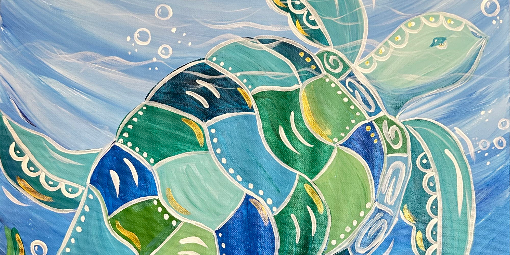 Painting of a green and blue sea turtle swimming in blue water.
