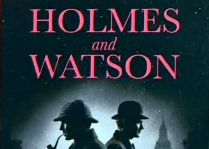 Sherlock Holmes and Dr. Watson are shown in profile against the London skyline.