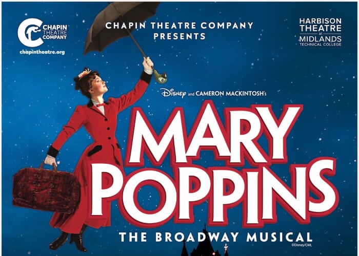 Mary Poppins, dressed in a red coat and carrying a carpet bag, flies in the sky with an umbrella.