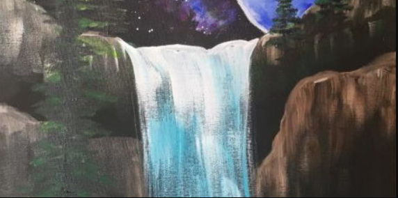 Painting of a waterfall in the woods.