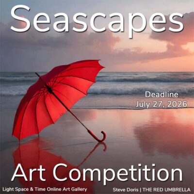 THE RED UMBRELLA, artwork by Steve Doris. An open red umbrella sits on an ocean beach.