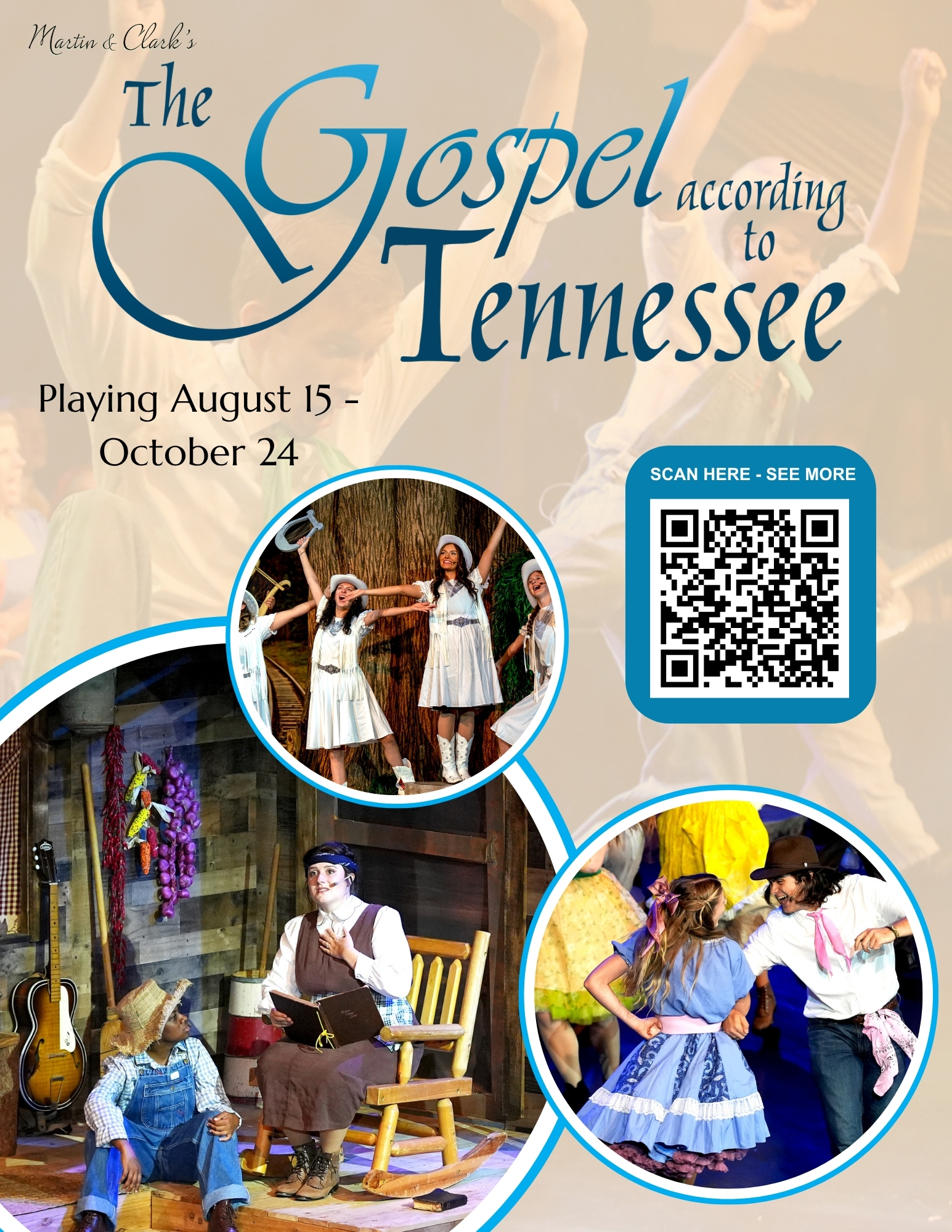 Onstage performers in country style costumes and a woman telling a story to a young Black man.