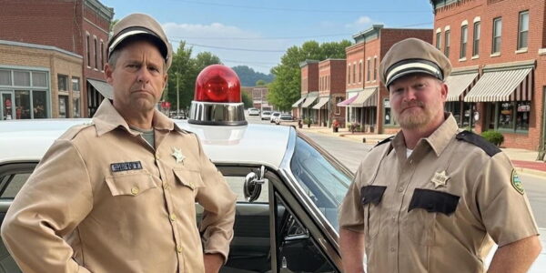 Two men in police uniforms posed with a police car on the street of a small town.