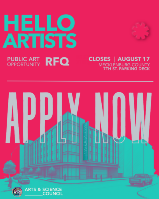 Bright pink flyer reads HELLO ARTISTS followed by a teal graphic image of a small city building.