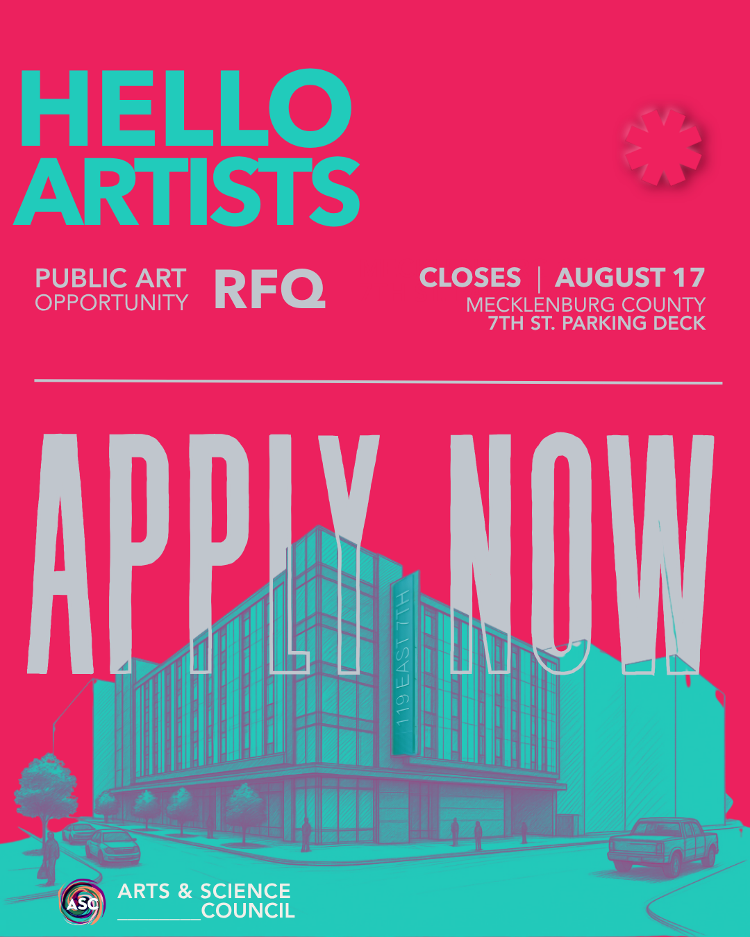Bright pink flyer reads HELLO ARTISTS followed by a teal graphic image of a small city building.