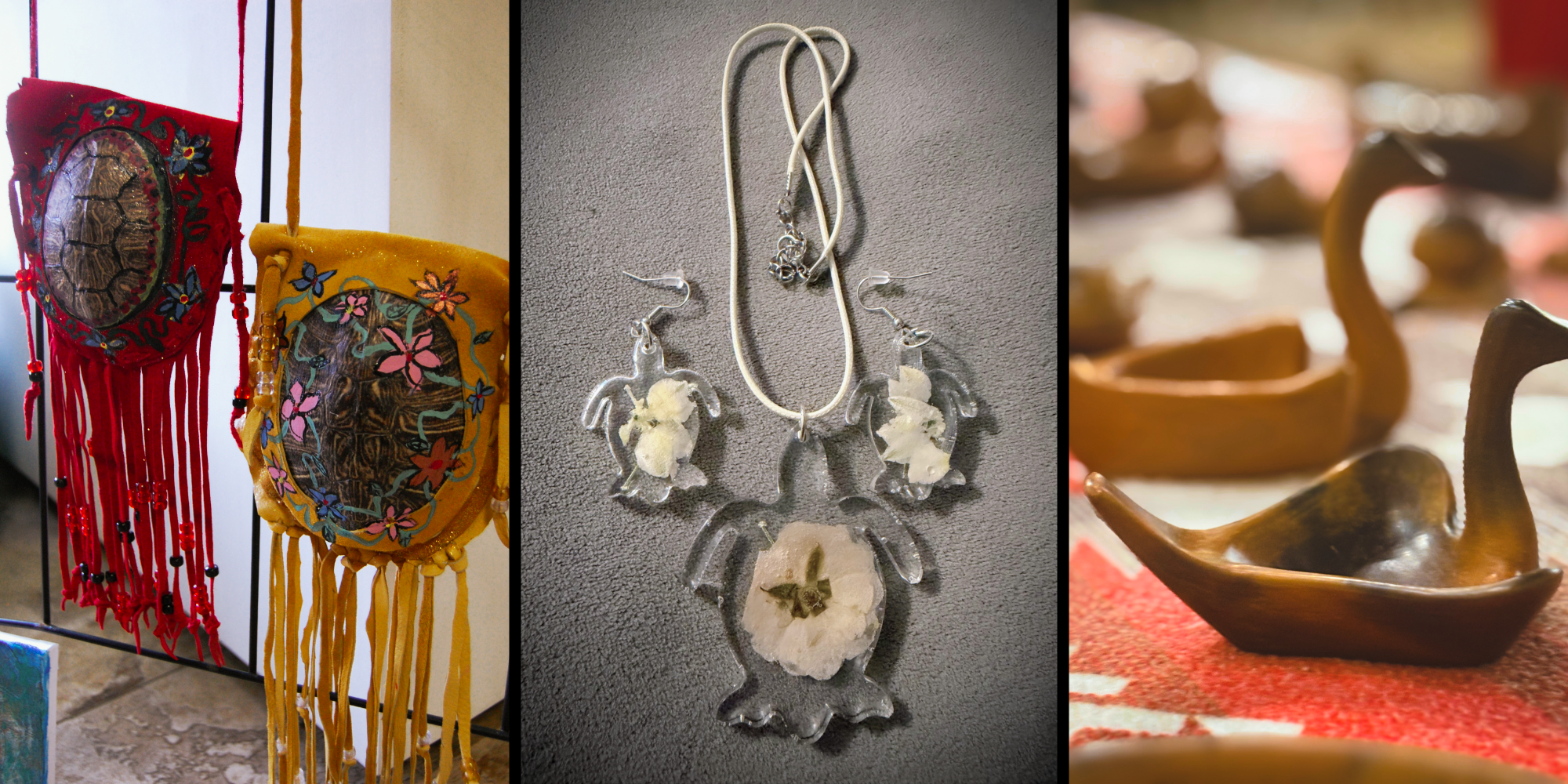 Turtle shell medicine bags, resin turtle jewelry, and swan effigies of Catawba pottery.