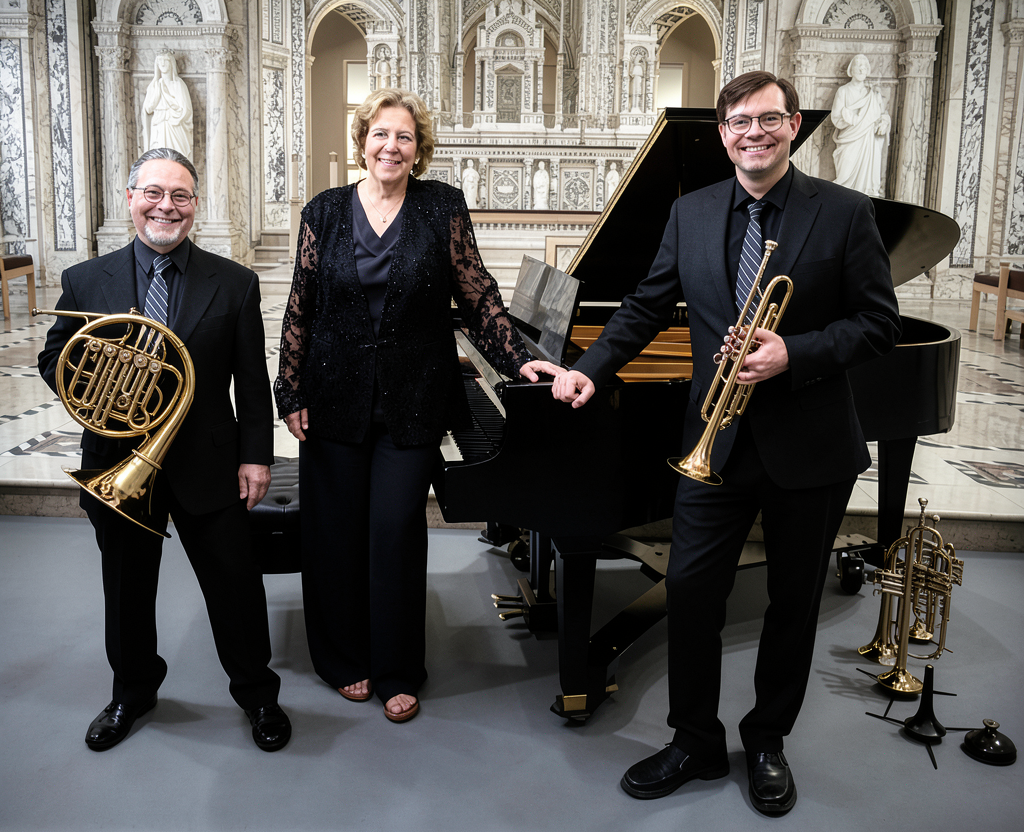One woman and two men in formal attire stand by a piano, smiling. The men hold brass instruments.