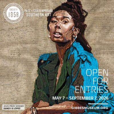 In yarn on burlap, a Black woman with braided hair piled high, looking off to the distance.