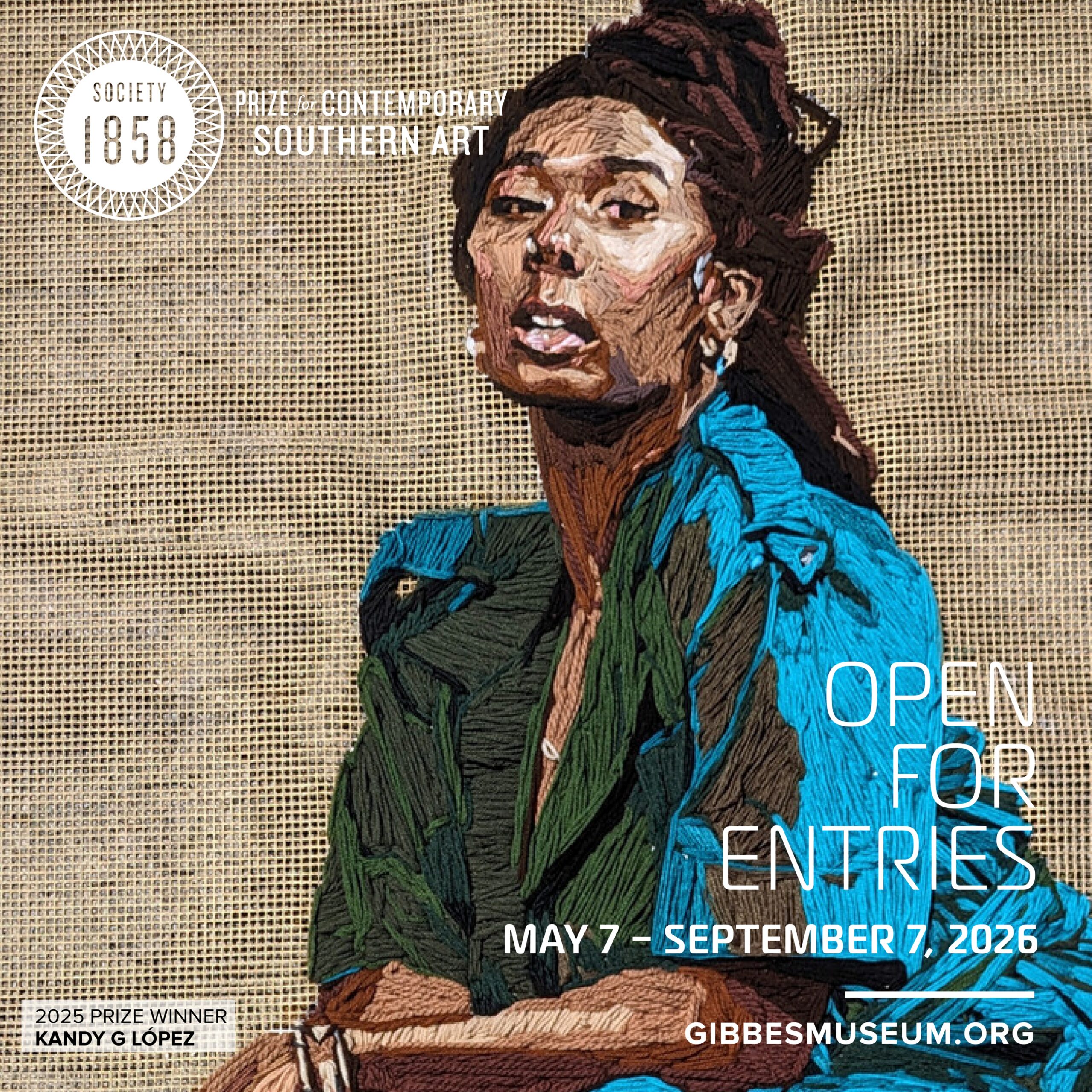 In yarn on burlap, a Black woman with braided hair piled high, looking off to the distance.