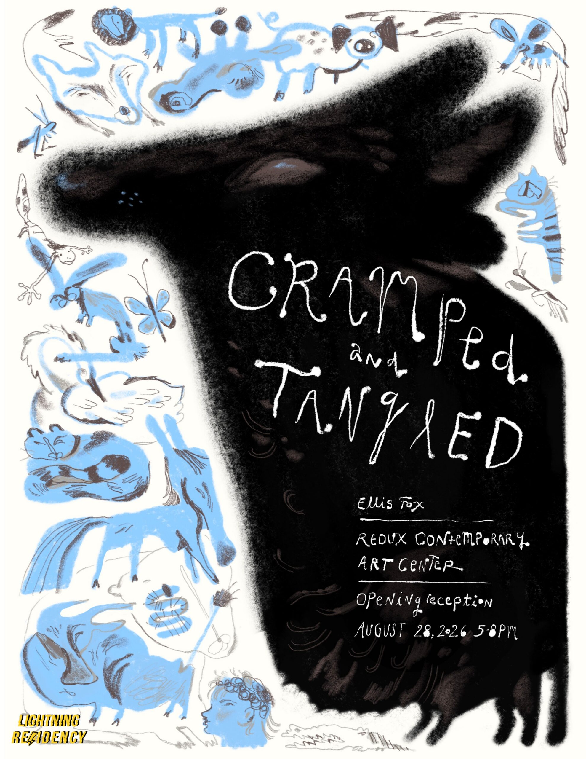 Blue drawings of animals and a large black shadow of an animal with ears, an eye, and a snout.