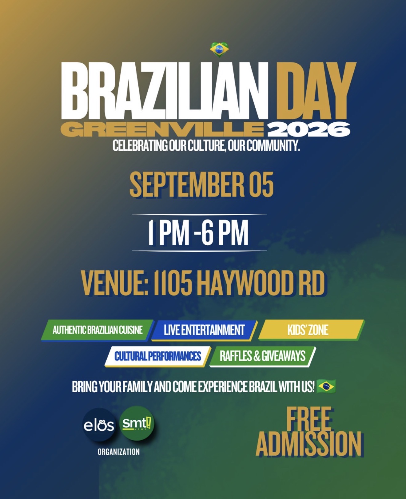 Flyer for Brazilian Day event in Greenville, using the gold, blue, and green of the Brazilian flag.