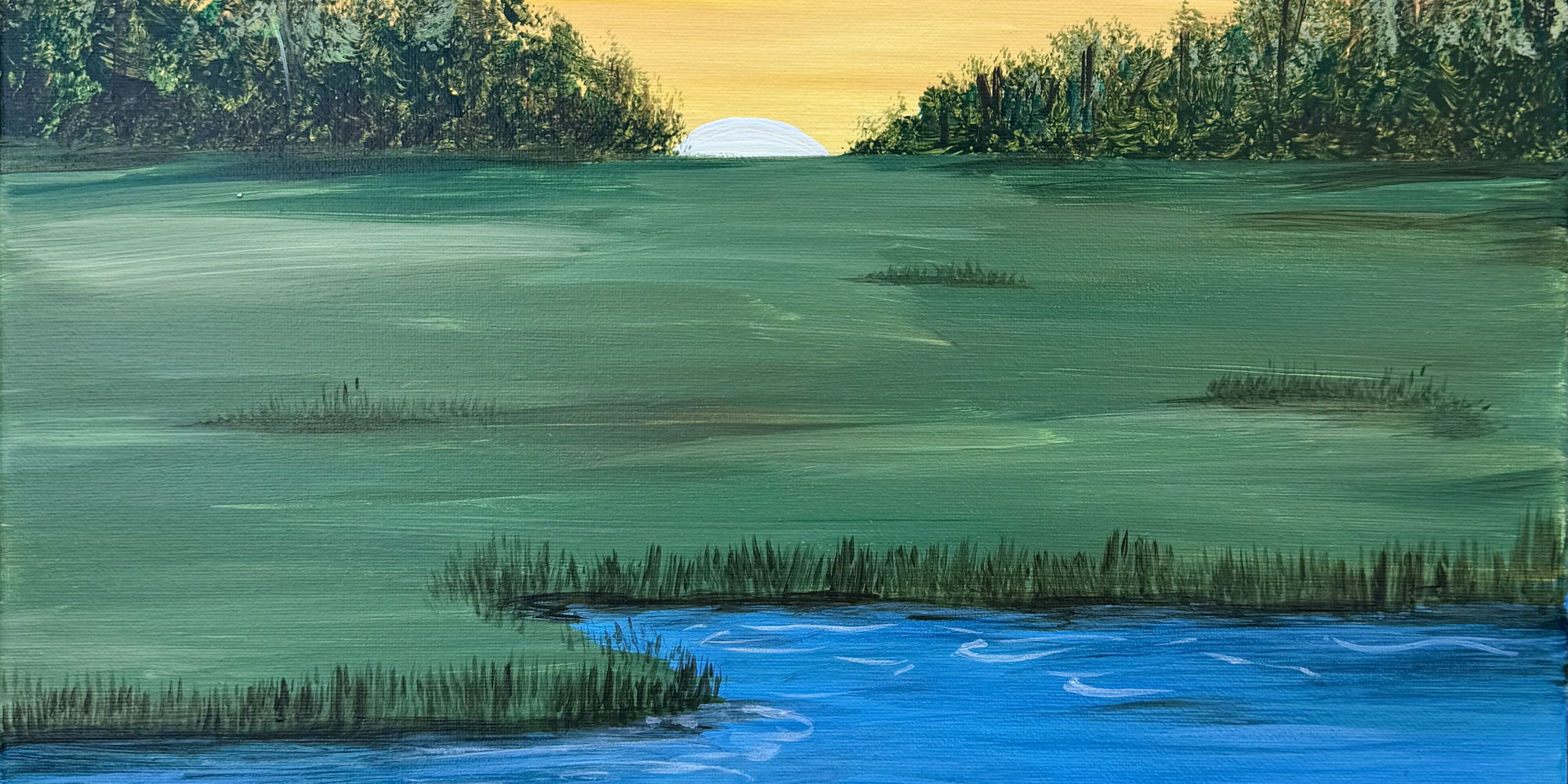Painting of an expanse of green marsh grass, with blue water in the foreground, and a rising sun.