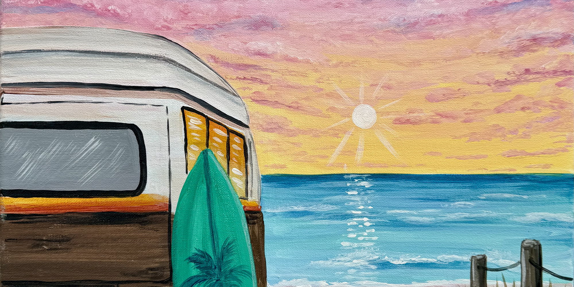 Painting of a van and surfboard on an ocean beach at sunrise.