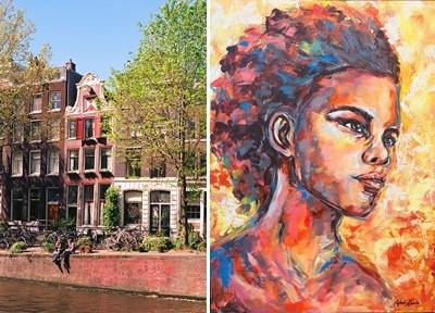 Photograph of rowhomes along a canal, and painting of a Black woman in bright colors.