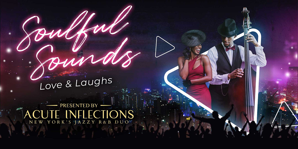 Black man and woman in eveningwear smile and laugh as they perform against a city night background.
