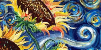 Painting of large sunflowers on a background reminiscent of Van Gogh's "Starry Night."