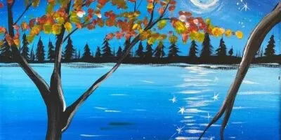 Painting of a woodland river at night,