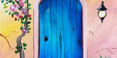 Painting of a rustic wooden door, painted blue, with a curved top, in a pink wall with floral vines.