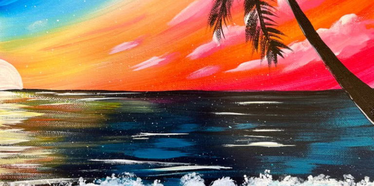 A dark ocean at twilight. Parts of a palm tree and a setting sun are visible against a red sky.