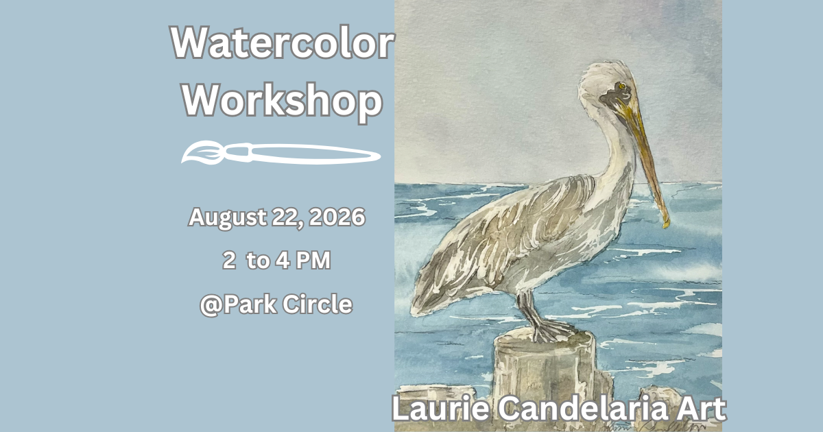 Watercolor of a pelican standing on a wooden pier piling by the ocean.