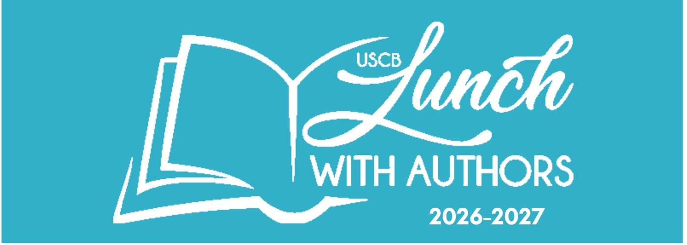 Logo for USCB Lunch with Authors 2026-2027. White script and drawing of a book, on blue background.