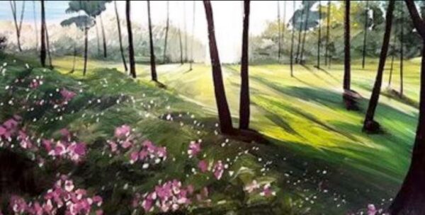 Painting of a morning meadow with green grass, pink flowers, slender trees, and dappled sunlight.