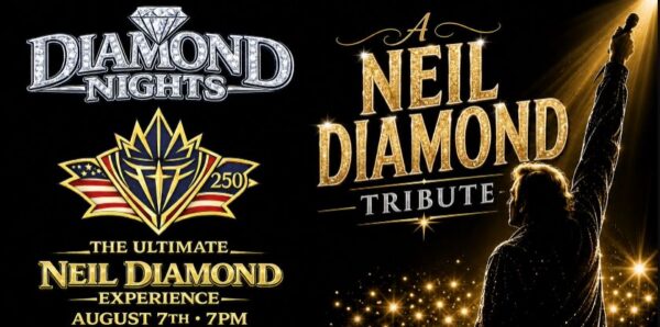 A man performing as Neil Diamond stands before an audience of stars holding his microphone aloft.