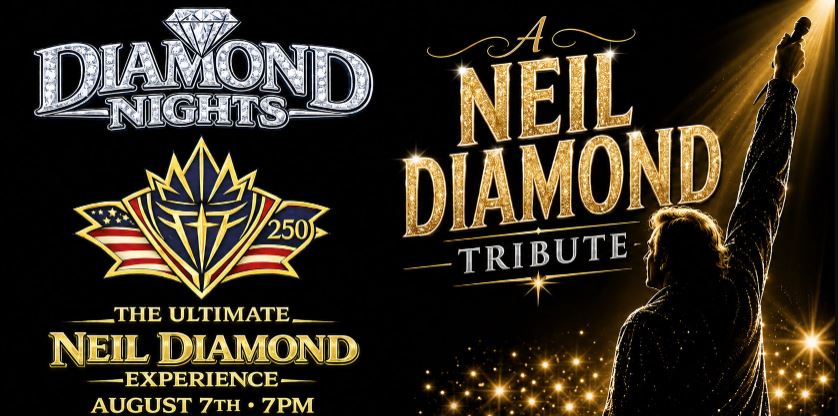 A man performing as Neil Diamond stands before an audience of stars holding his microphone aloft.