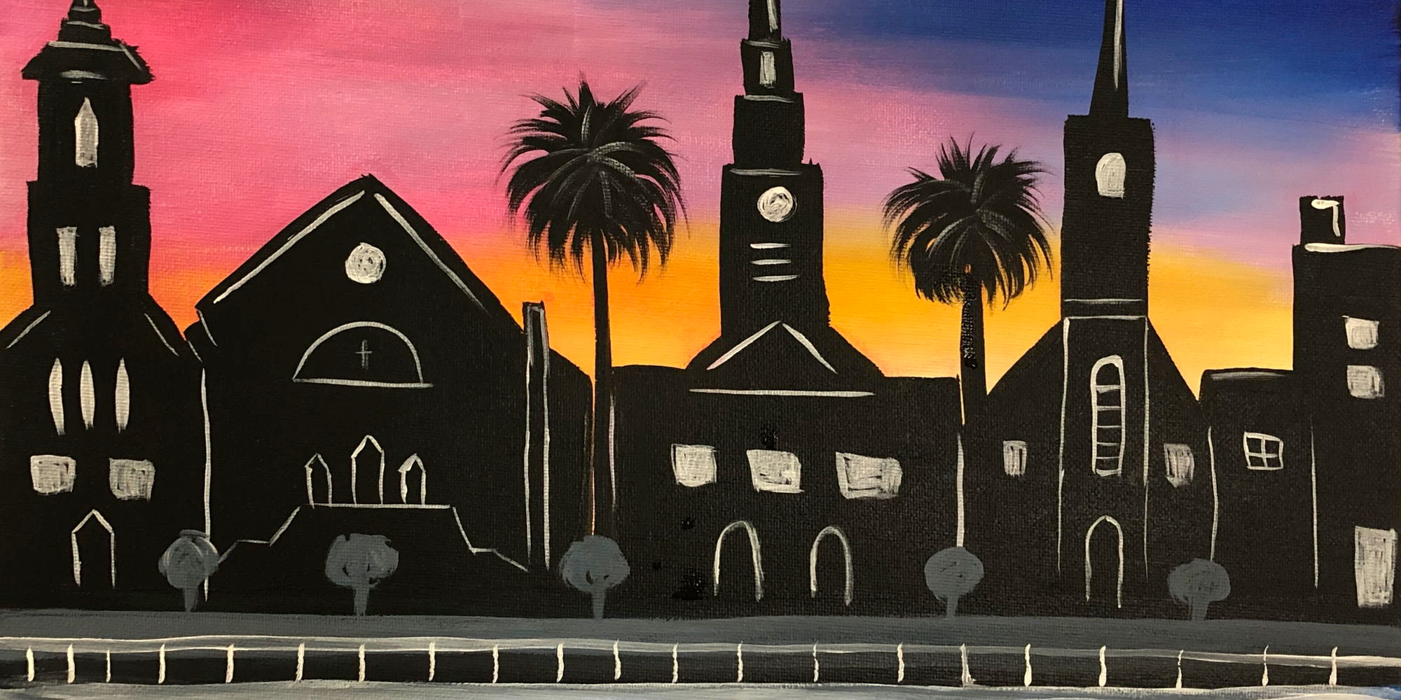 Painting of Charleston skyline of churches, in shadow at sunset, with Palmetto trees.