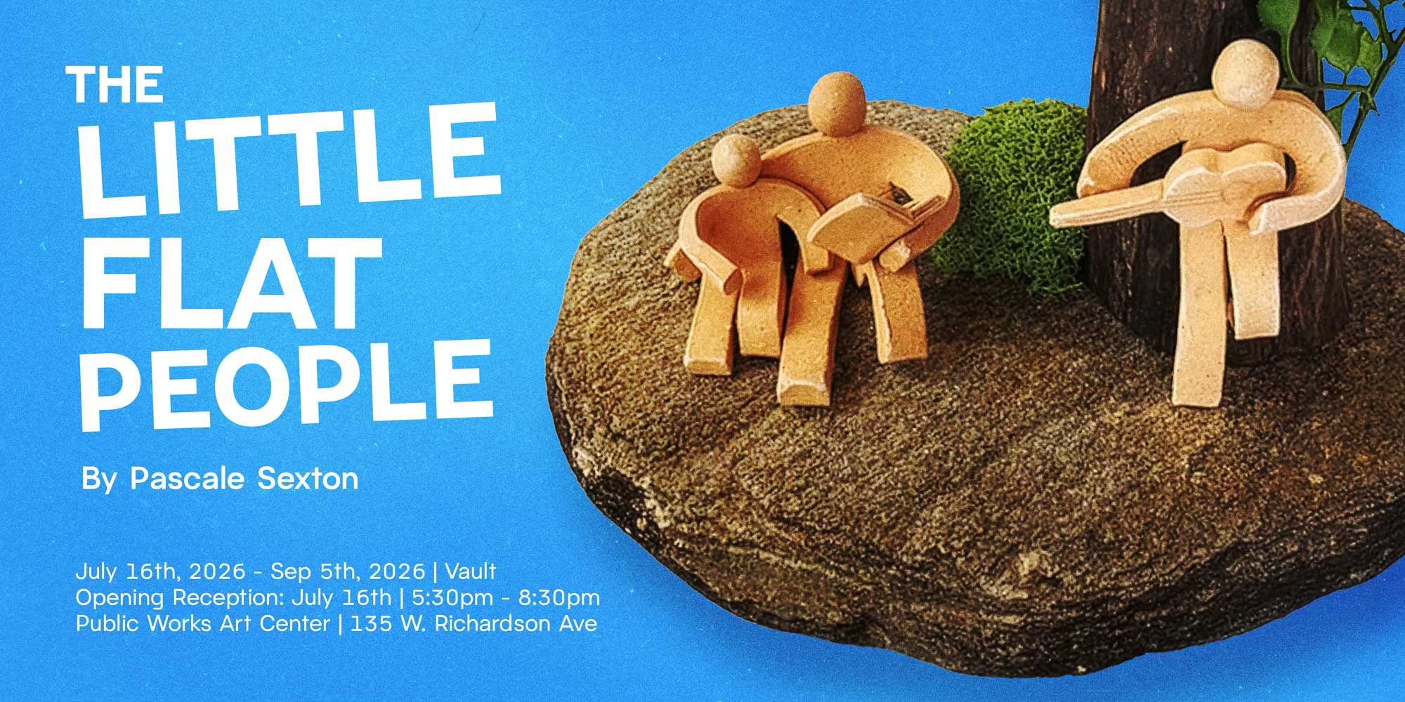 Figurines that are 3D but flattened. A person with a guitar, and a parent and child reading a book.