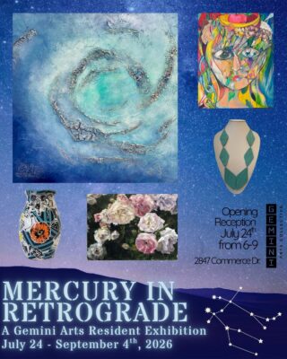 Collage of artworks. A swirl of blues, a colorful abstract face, a graphic vessel, painted flowers.