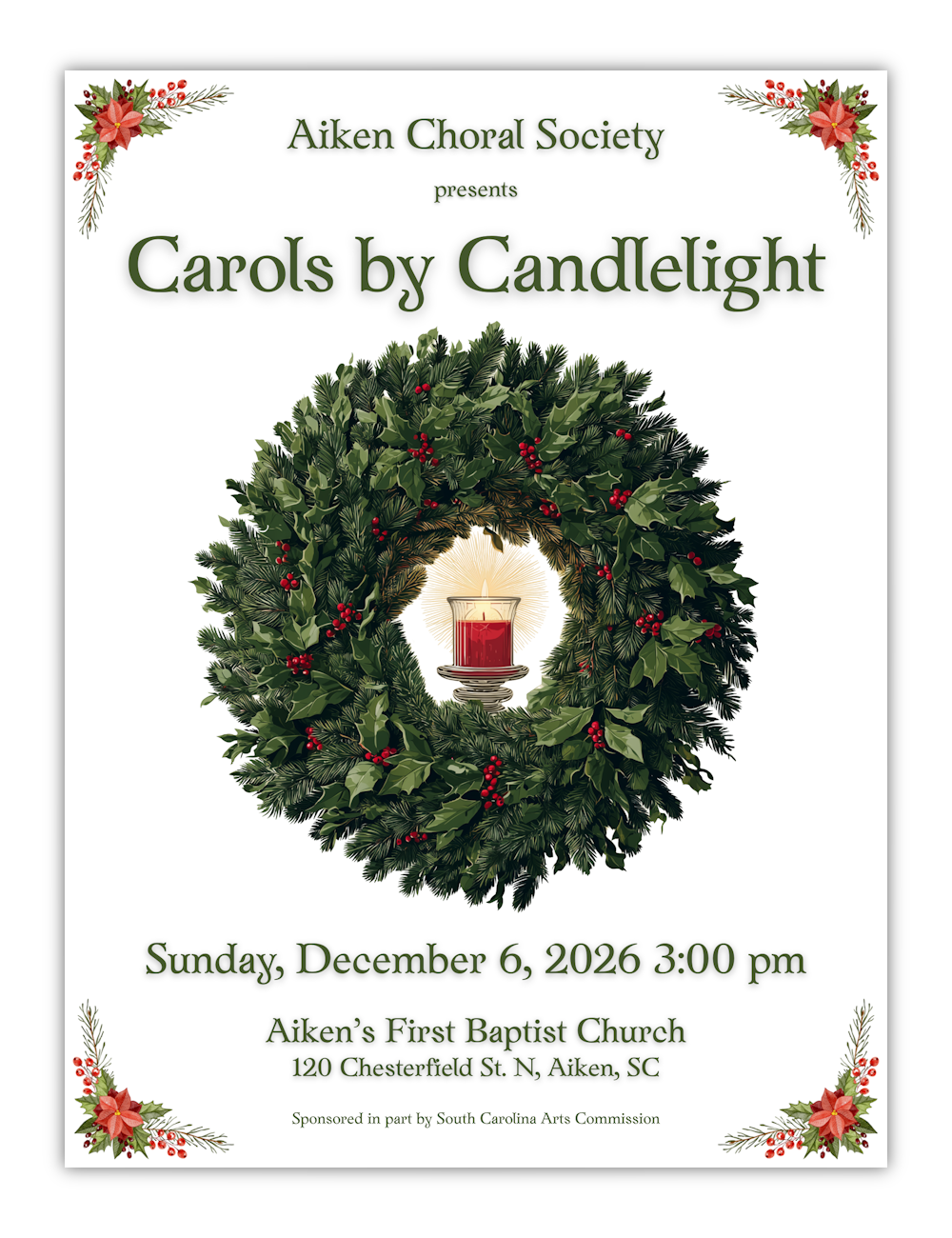 An evergreen wreath with red berries, with a red glass candle in the center.