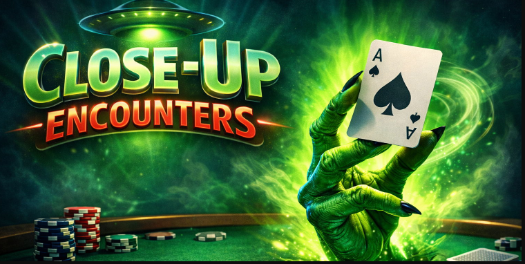Neon green flyer with a UFO, a poker table, and a monstrous hand holding the ace of spades.