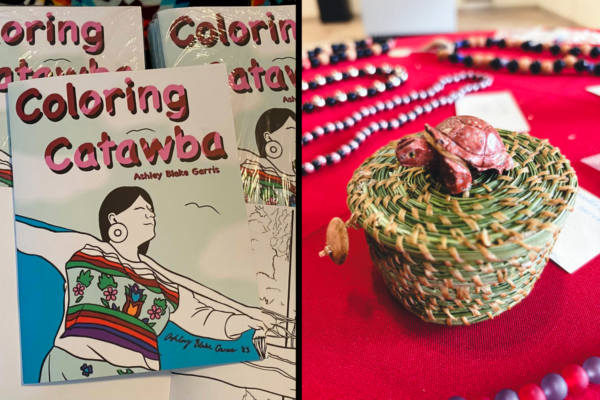 Photo collage showing the front of a Catawba coloring book and a longleaf pine needle basket with a red turtle on the top of the basket
